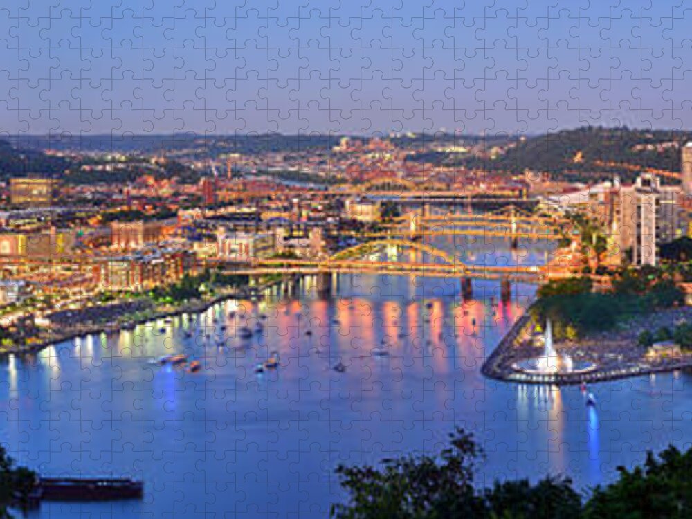 Pittsburgh Skyline Jigsaw Puzzle featuring the photograph Pittsburgh Pennsylvania Skyline at Dusk Sunset Extra Wide Panorama by Jon Holiday