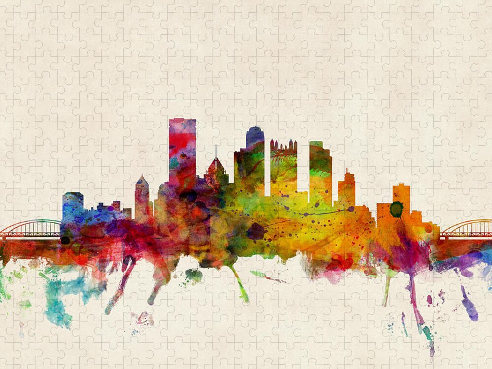 Watercolour Puzzle featuring the digital art Pittsburgh Pennsylvania Skyline by Michael Tompsett