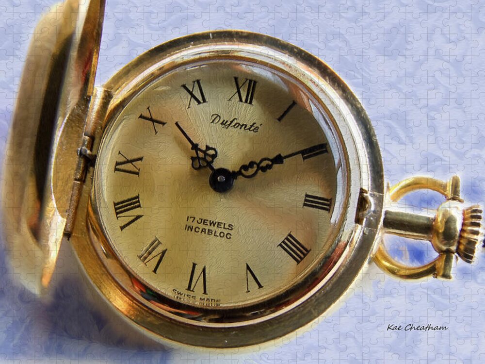 Pocket Watch Jigsaw Puzzle featuring the photograph Pocket Watch on Brocade by Kae Cheatham