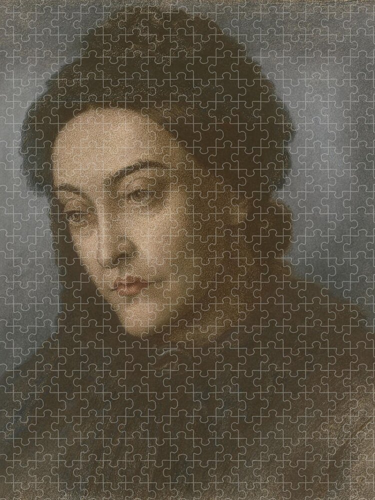 Female Jigsaw Puzzle featuring the drawing Portrait Of Christina Rossetti, Head by Dante Gabriel Charles Rossetti