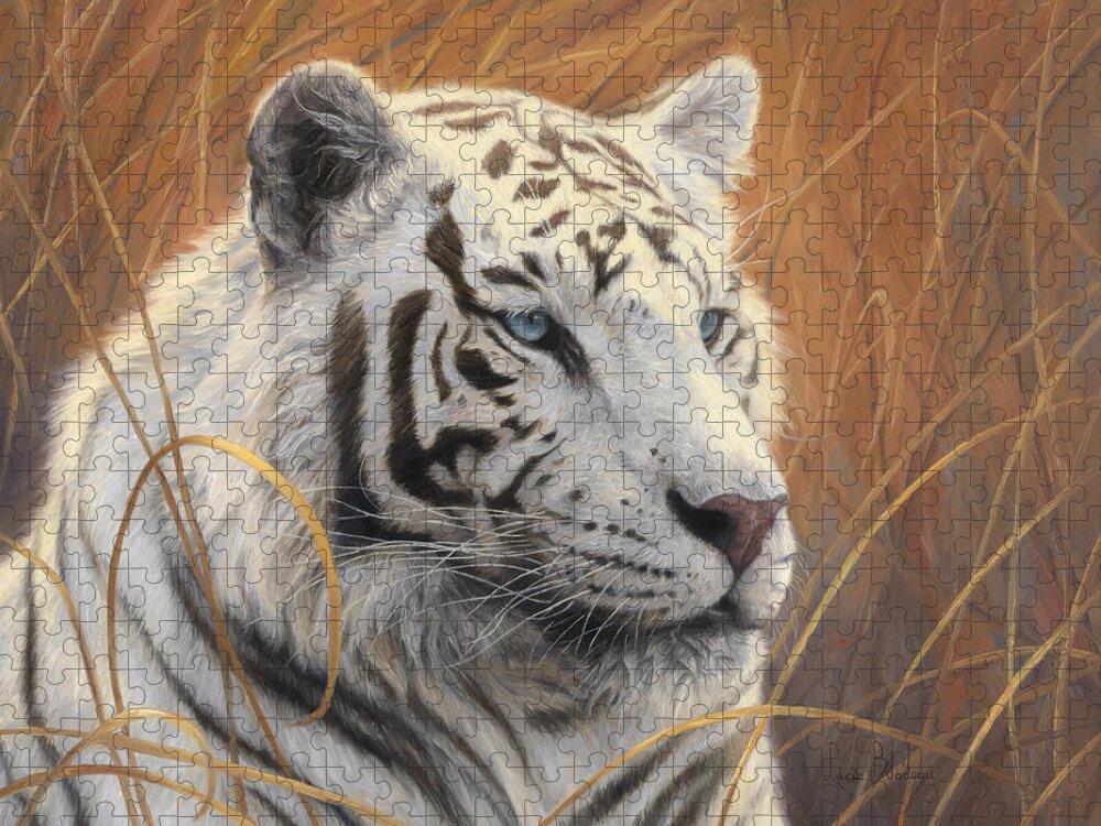 Tiger Jigsaw Puzzle featuring the painting Portrait White Tiger 2 by Lucie Bilodeau