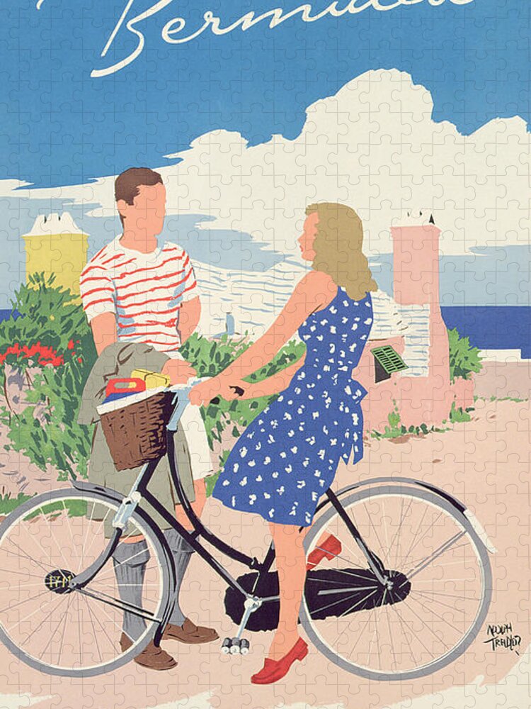 Advert; Advertisement; Tourism; Travel; Caribbean; Island; Male; Female; Bicycle; Bike; Basket; Summer; Holiday; Vacation; Blue Dress; 1950s; 50s; Fifties; Romantic; Romance; Flirting; Landscape; Seaside; Coast; Coastal; Sunny; Lovers; Couple; Exotic; Jet Set Jigsaw Puzzle featuring the drawing Poster advertising Bermuda by Adolph Treidler