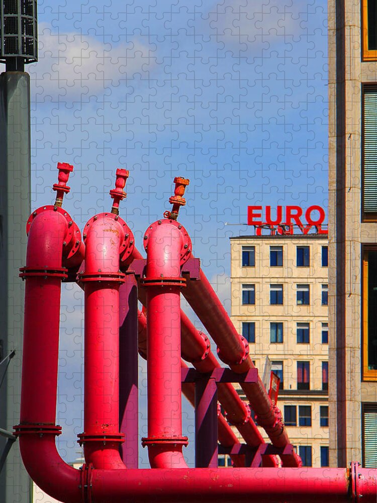 Architecture Jigsaw Puzzle featuring the photograph Potsdamer Platz Pink Pipes In Berlin by Ben and Raisa Gertsberg