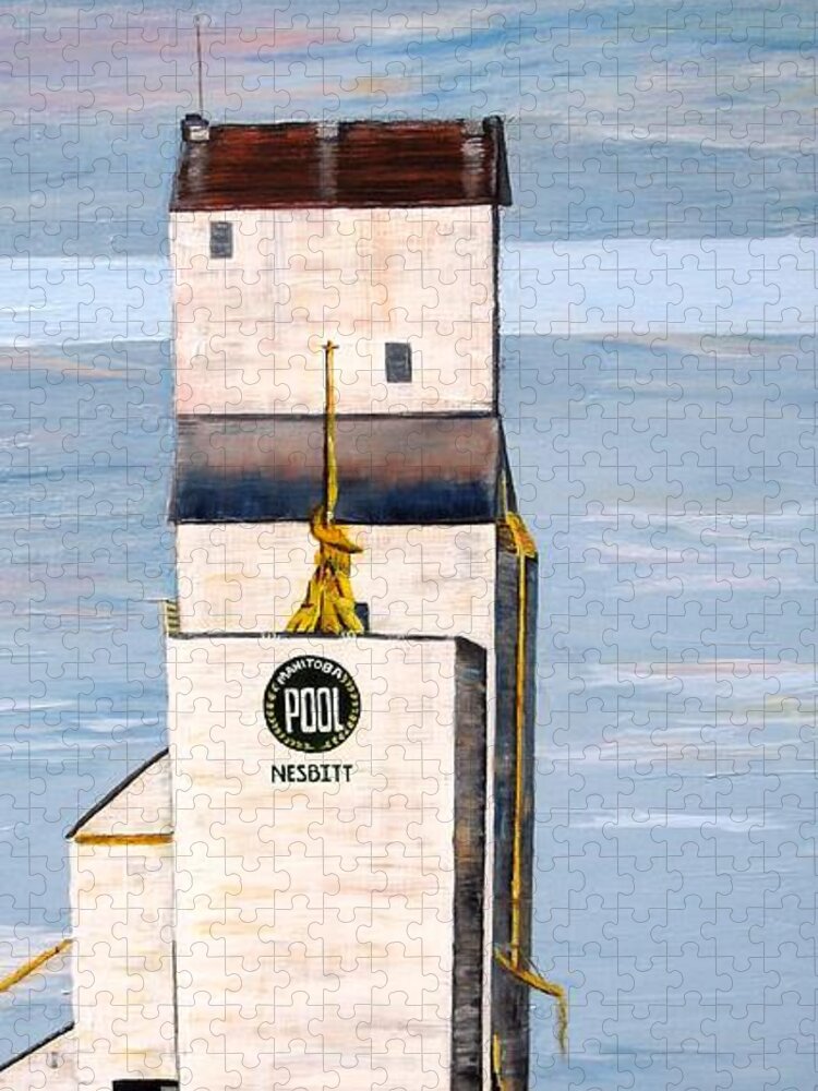 Manitoba Pool Elevator Jigsaw Puzzle featuring the painting Prairie Icon - Manitoba Pool Elevator by Marilyn McNish