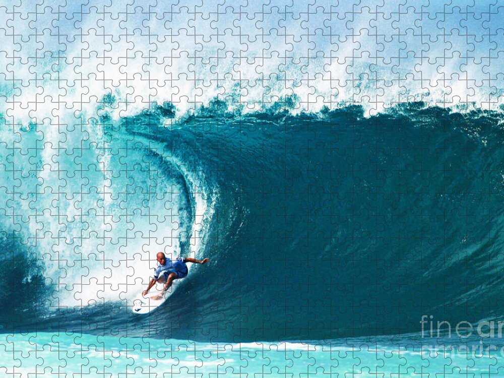 Kelly Slater Jigsaw Puzzle featuring the photograph Pro Surfer Kelly Slater Surfing in the Pipeline Masters Contest by Paul Topp