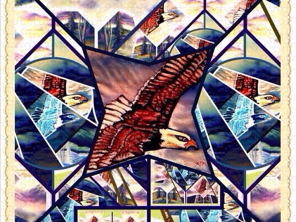 America's National Symbol Bald Eagle Flying In Blue And Golden Clouds Native American Motifs Indian Hoops Teepee Shapes Ladders Native American Imagery Dark Blue And Light Blue With Gold And Green Color Patterns Acrylic Paintings With Digital Enhancement Crazy Quilt Pattern Jigsaw Puzzle featuring the painting Prophetic Eagle Visions Storytelling in a Crazy Quilt Pattern by Kimberlee Baxter