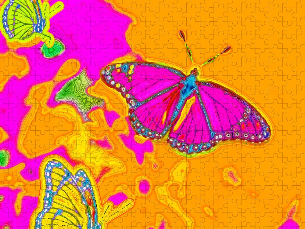 Pink Jigsaw Puzzle featuring the digital art Psychedelic Butterflies by Marianne Campolongo
