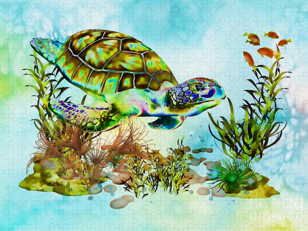 Psychedelic Sea Turtle Jigsaw Puzzle featuring the mixed media Psychedelic Sea Turtle by Olga Hamilton