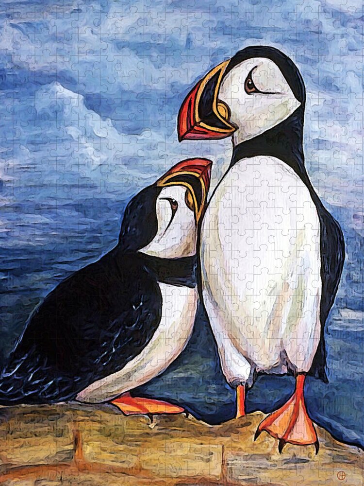 Puffins Jigsaw Puzzle featuring the digital art Puffin Friends by Gary Olsen-Hasek