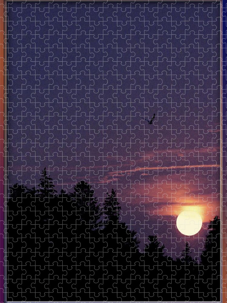 Purple Sunset With Forest Silhouette Jigsaw Puzzle featuring the photograph Purple Sunset With Sea Gull by Peter V Quenter