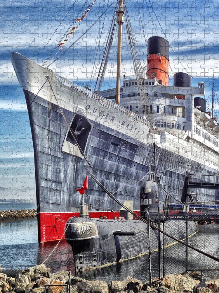 Queen Mary In Long Beach Jigsaw Puzzle featuring the digital art Queen Mary In Long Beach by Bob Winberry
