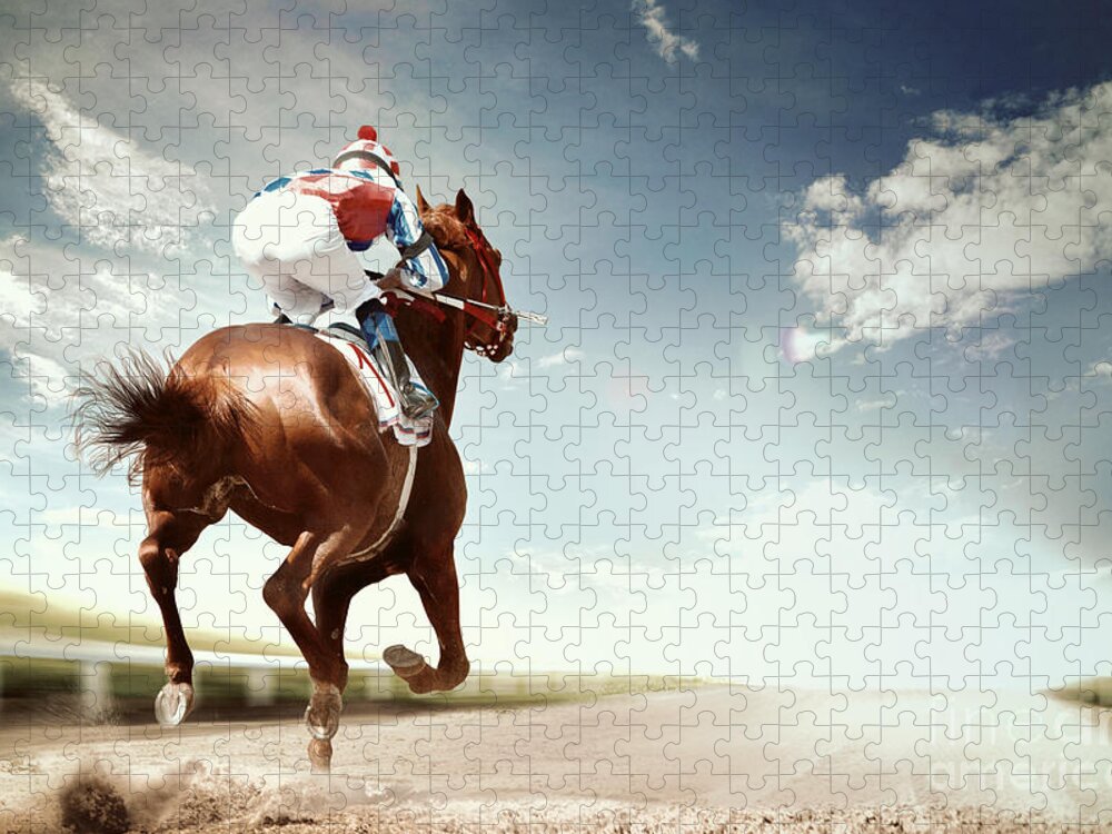 Compete Jigsaw Puzzle featuring the photograph Racing Horse Coming First To Finish by Olga i