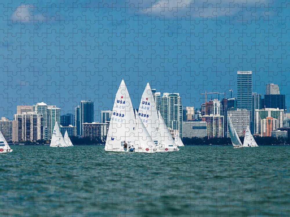International Star Class Racing Yacht Jigsaw Puzzle featuring the photograph Racing past Miami by David Smith