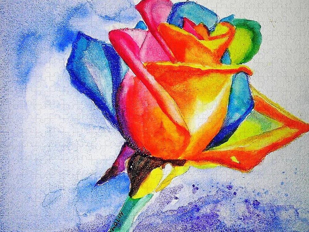 Rainbow Rose Jigsaw Puzzle featuring the painting Rainbow Rose by Carlin Blahnik CarlinArtWatercolor