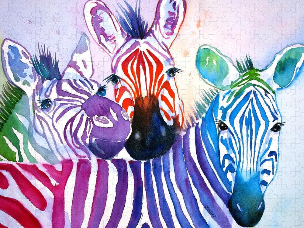 Zebra Jigsaw Puzzle featuring the painting Rainbow Zebra's by Carlin Blahnik CarlinArtWatercolor