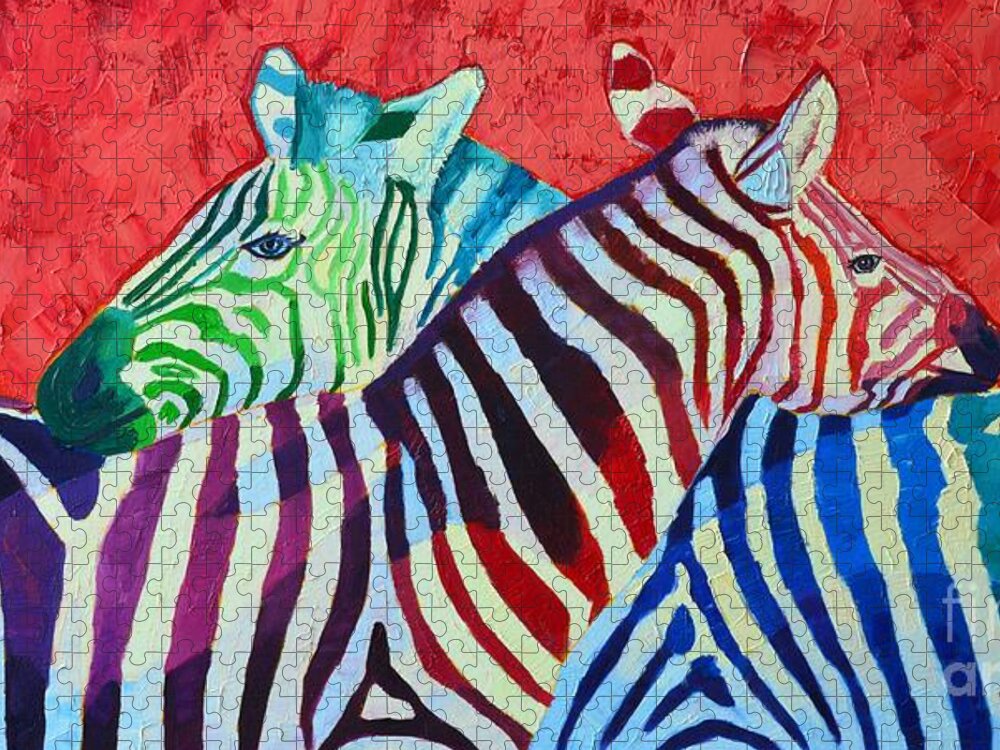 Zebra Jigsaw Puzzle featuring the painting Rainbow Zebras In Love by Ana Maria Edulescu