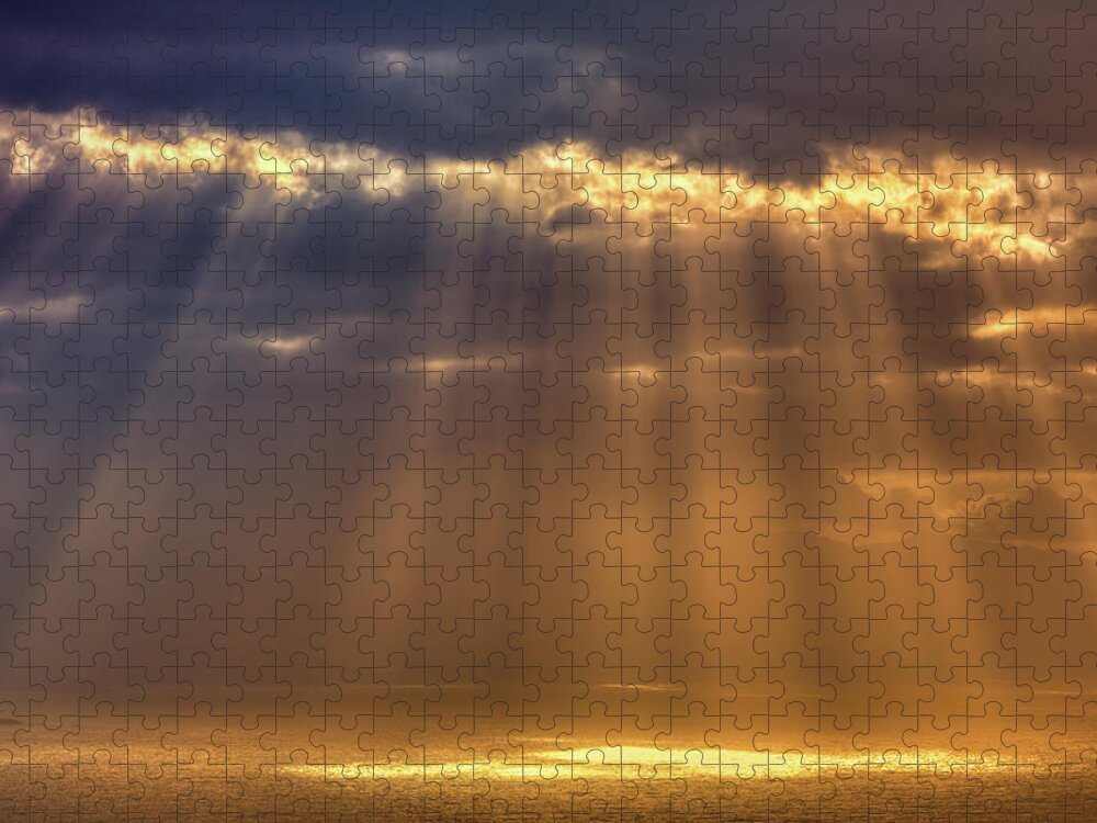 Dawn Jigsaw Puzzle featuring the photograph Rays Of Sun Peeking Through Clouds by Zodebala