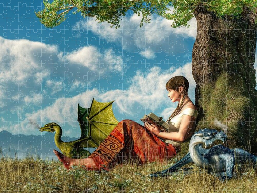 Reading About Dragons Jigsaw Puzzle featuring the digital art Reading About Dragons by Daniel Eskridge