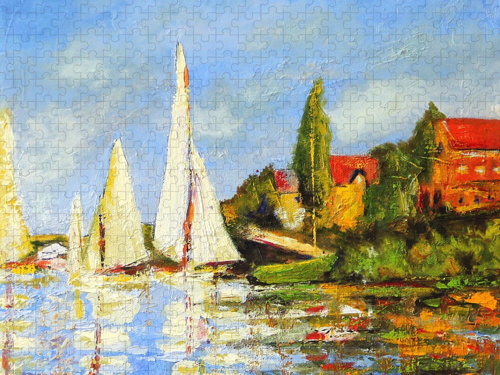Monet Jigsaw Puzzle featuring the painting Recreation of Boating at Argenteuil by Marti Green