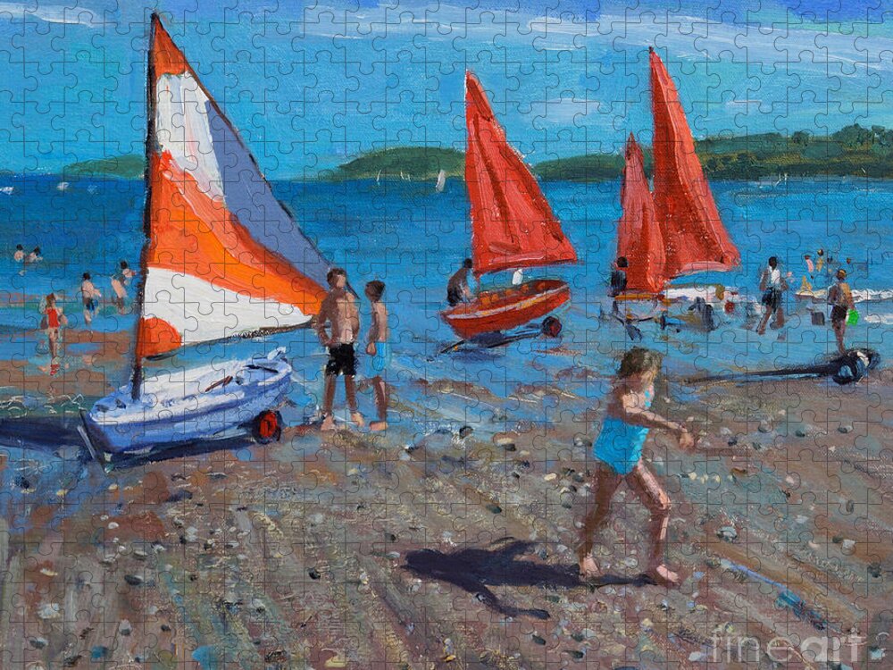 Andrew Macara Jigsaw Puzzle featuring the painting Red and White Sails by Andrew Macara