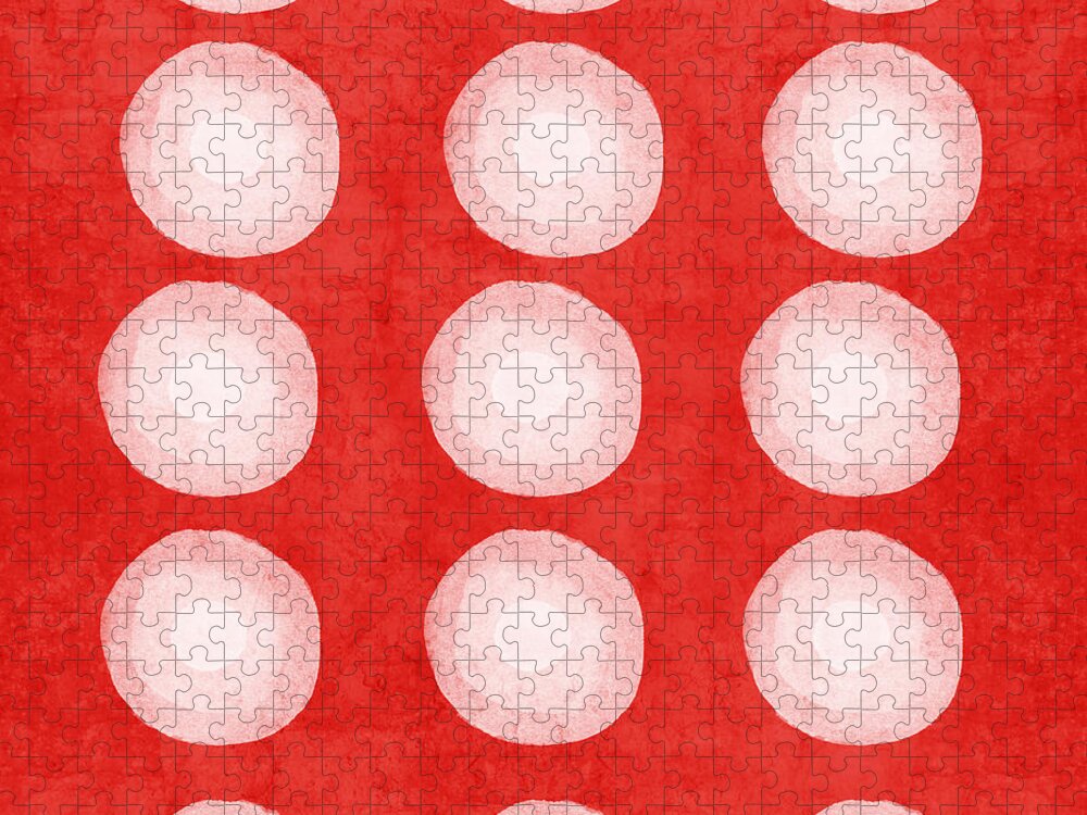 Shibori Dye Circles Pattern Shibori Look Red White Texture Pillow Abstract Art Pop Art Geometric Bedroom Art Kitchen Art Living Room Art Gallery Wall Art Art For Interior Designers Hospitality Art Set Design Wedding Gift Art By Linda Woods Jigsaw Puzzle featuring the painting Red and White Shibori Circles by Linda Woods