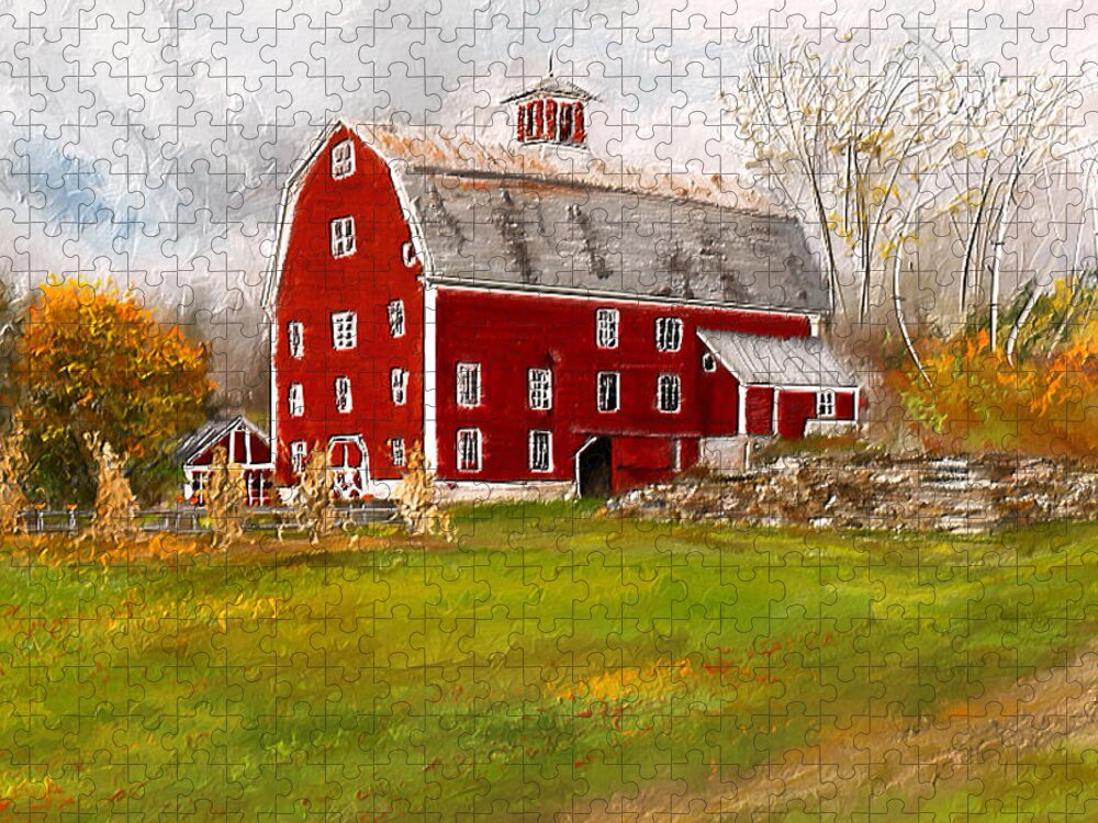 Farmhouse At Robinson Farm Jigsaw Puzzle featuring the painting Red Barn in Woodstock Vermont- Red Barn Art by Lourry Legarde