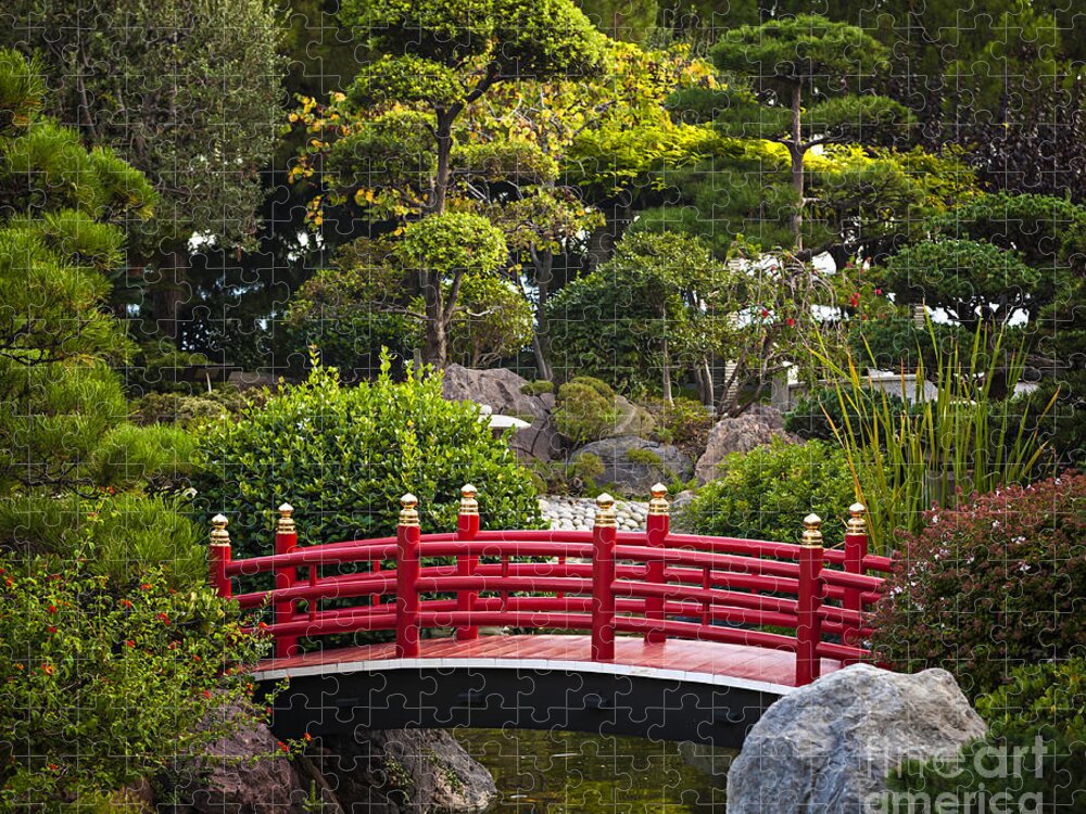 Japanese Jigsaw Puzzle featuring the photograph Red bridge in Japanese garden by Elena Elisseeva
