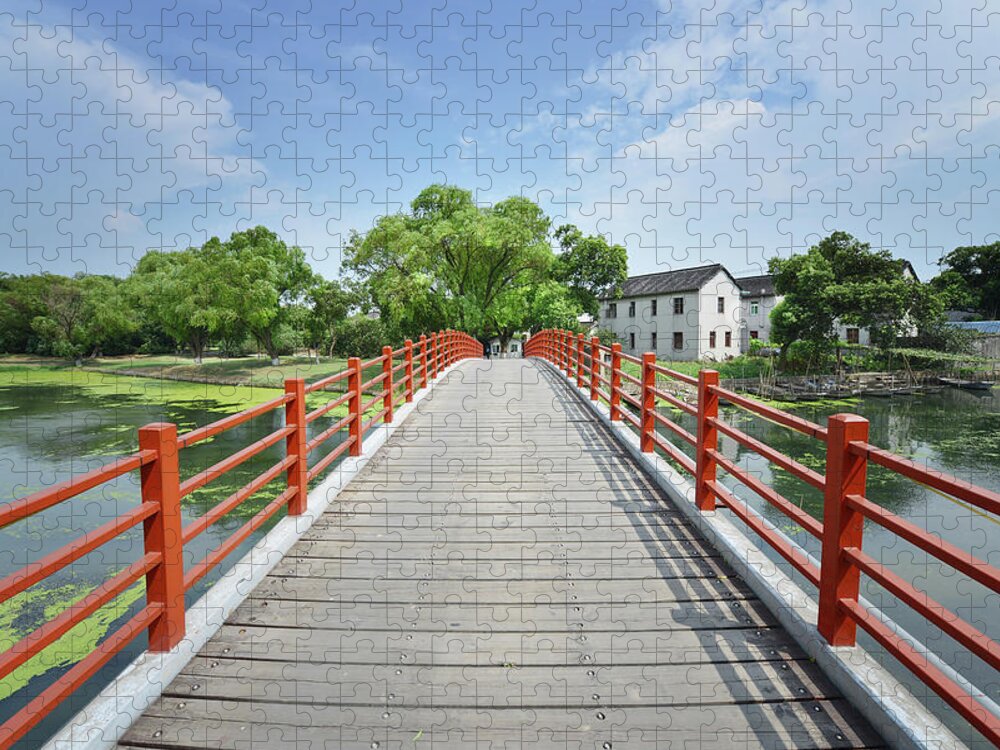 Tranquility Jigsaw Puzzle featuring the photograph Red Bridge Shanghai Qingpu - Horizontal by Andy Brandl