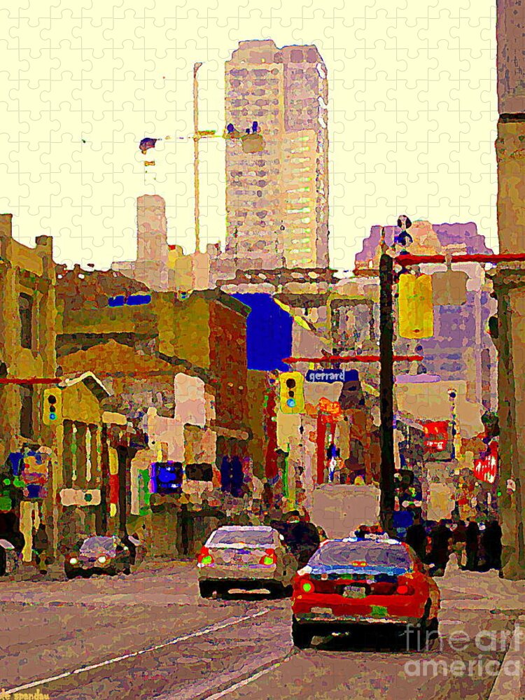 Toronto Jigsaw Puzzle featuring the painting Red Cab On Gerrard Chinatown Morning Toronto City Scape Paintings Canadian Urban Art Carole Spandau by Carole Spandau