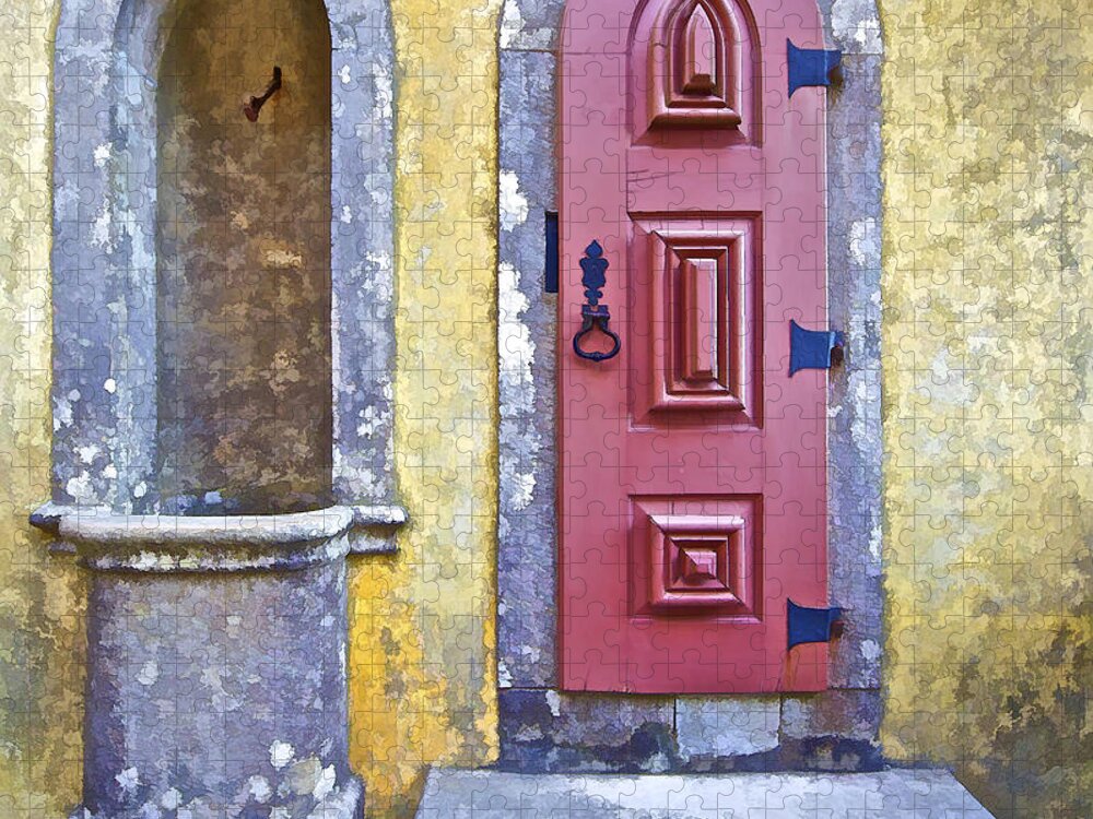 Archway Jigsaw Puzzle featuring the photograph Red Carved Wood Door and a Water Fountain of the Fairytale Castle of Sintra by David Letts