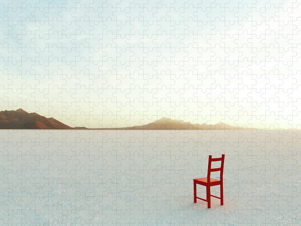 Tranquility Jigsaw Puzzle featuring the photograph Red Chair On Salt Flats, Facing The by Andy Ryan