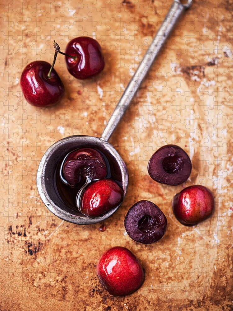 Cherry Jigsaw Puzzle featuring the photograph Red Cherries And Vitage Spoon by One Girl In The Kitchen