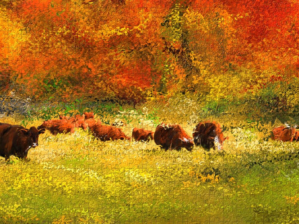 Red Devon Cattle Jigsaw Puzzle featuring the painting Red Devon Cattle In Autumn -Cattle Grazing by Lourry Legarde