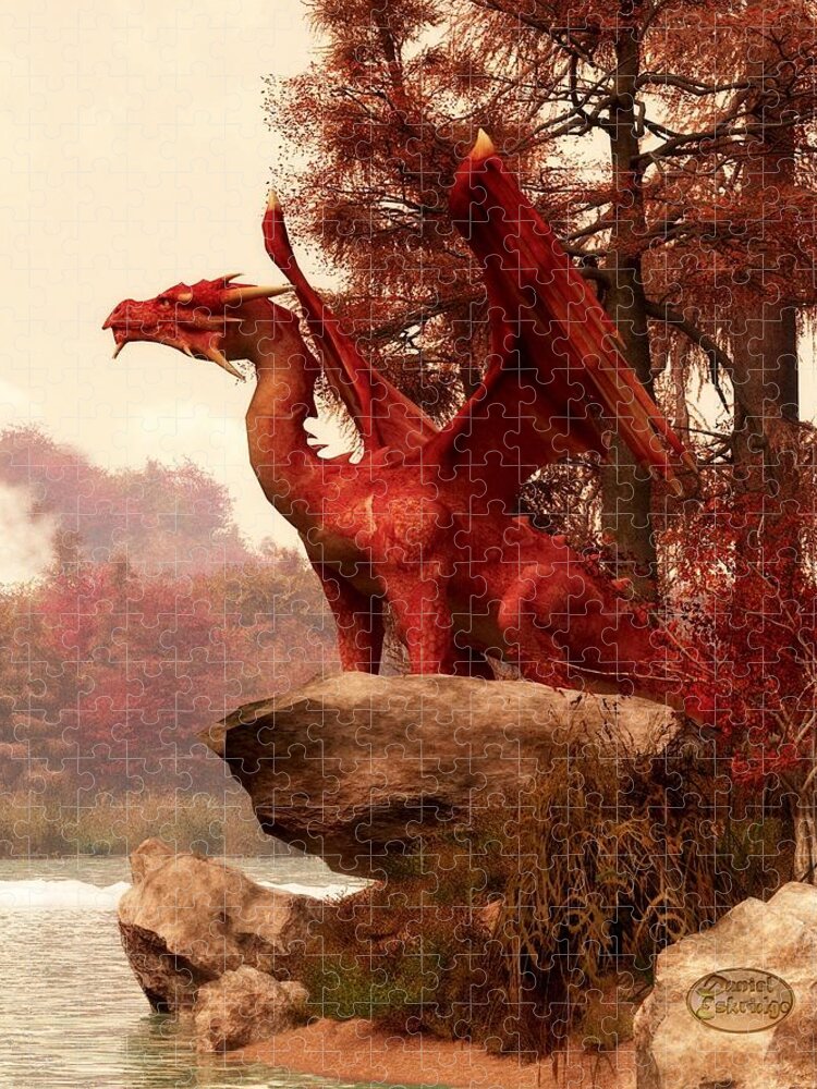 Fantasy Jigsaw Puzzle featuring the digital art Red Dragon In Autumn by Daniel Eskridge