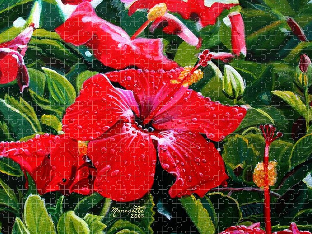 Red Hibiscus Jigsaw Puzzle featuring the painting Red Hibiscus by Marionette Taboniar