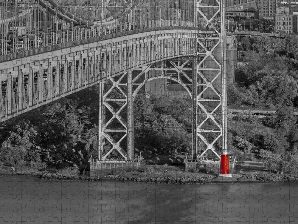 Autumn Jigsaw Puzzle featuring the photograph Red Lighthouse And Great Gray Bridge BW by Susan Candelario