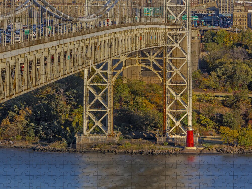 Autumn Jigsaw Puzzle featuring the photograph Red Lighthouse And Great Gray Bridge by Susan Candelario