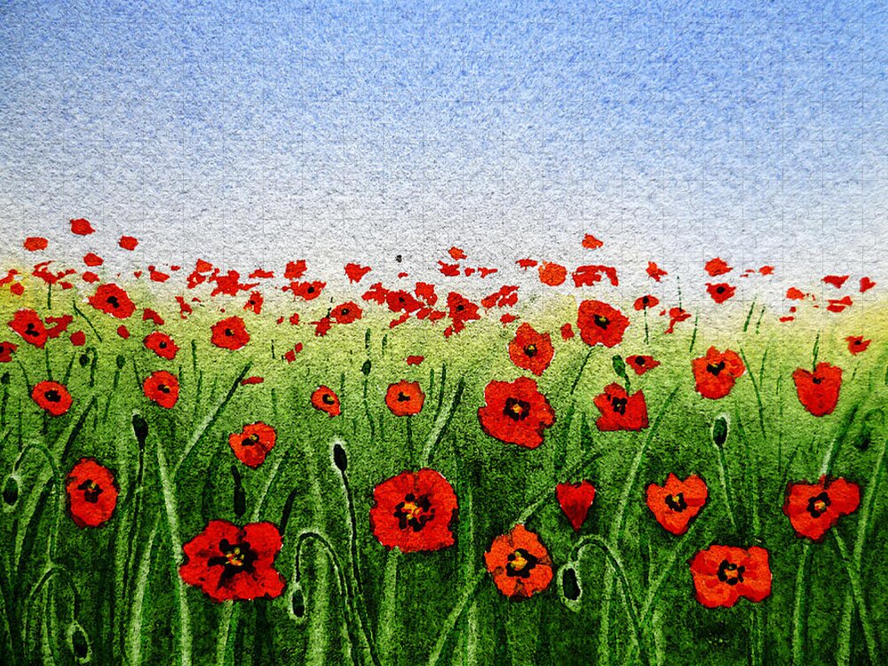 Poppies Jigsaw Puzzle featuring the painting Red Poppies Green Field And A Blue Blue Sky by Irina Sztukowski