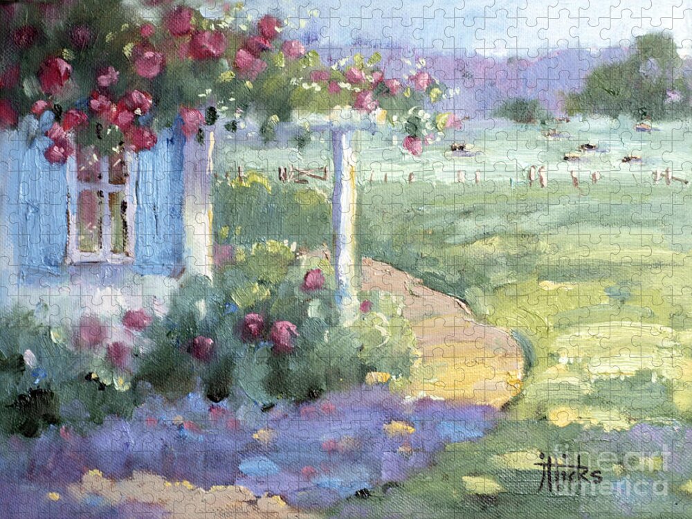 Impressionist Jigsaw Puzzle featuring the painting Red Roses over Blue Shutters by Joyce Hicks