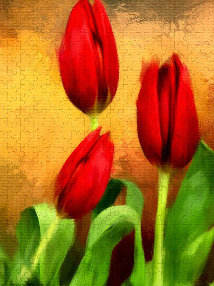 Red Tulips Jigsaw Puzzle featuring the digital art Red Tulips Triptych Section 2 by Lourry Legarde