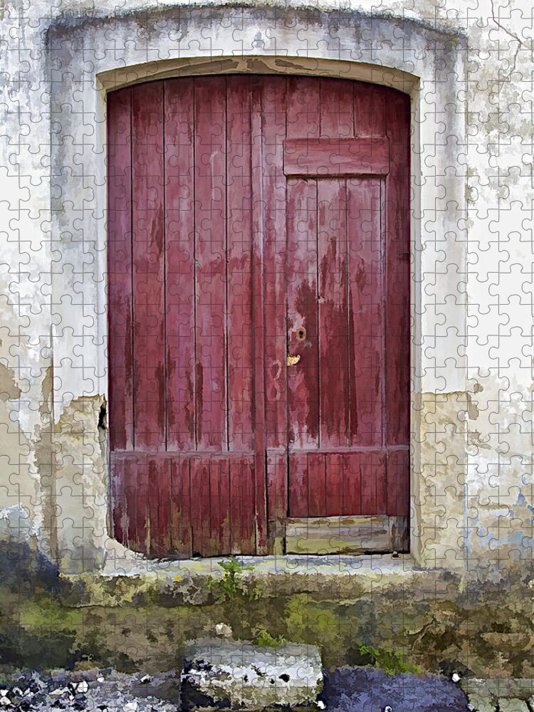 Arch Jigsaw Puzzle featuring the photograph Red Wood Door of the Medieval Village of Pombal by David Letts