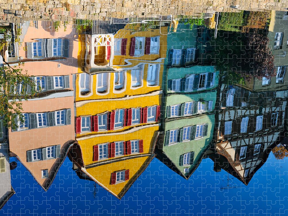 Reflection Jigsaw Puzzle featuring the photograph Reflection of colorful houses in Neckar river Tuebingen Germany by Matthias Hauser