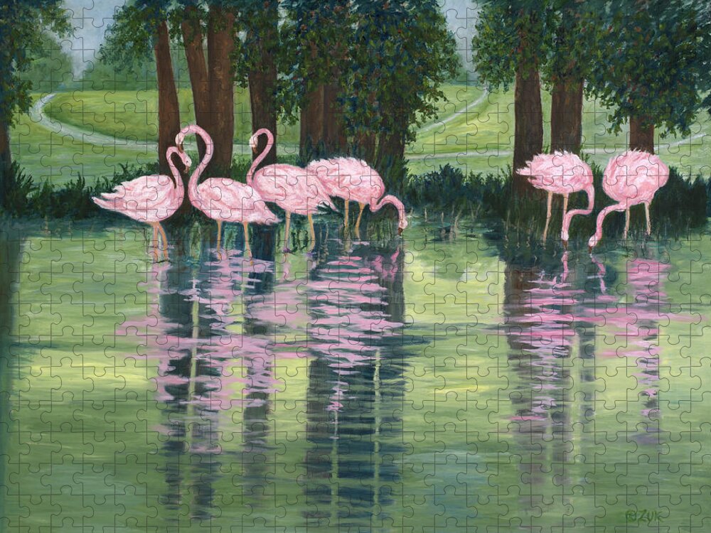 Karen Zuk Rosenblatt Art And Photography Jigsaw Puzzle featuring the painting Reflections in Pink by Karen Zuk Rosenblatt