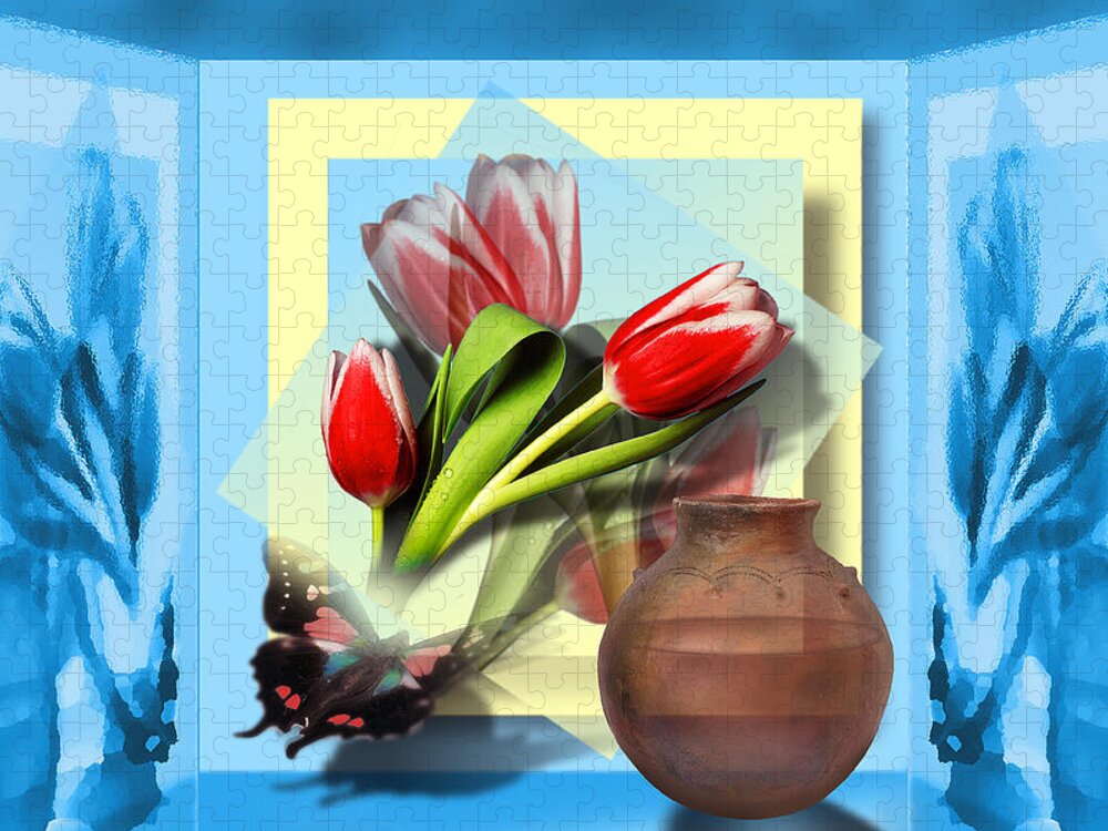 Tulips Jigsaw Puzzle featuring the digital art Reflections by Linda Carruth