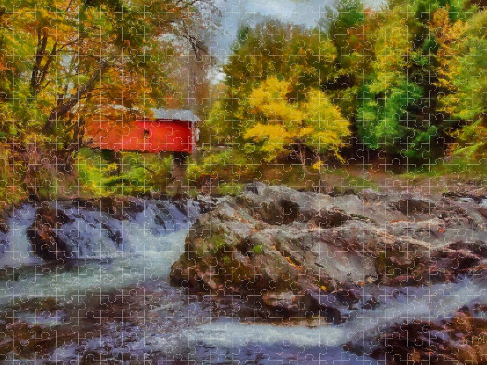 Autumn Foliage Jigsaw Puzzle featuring the photograph River runs under Slaughter House covered bridge by Jeff Folger