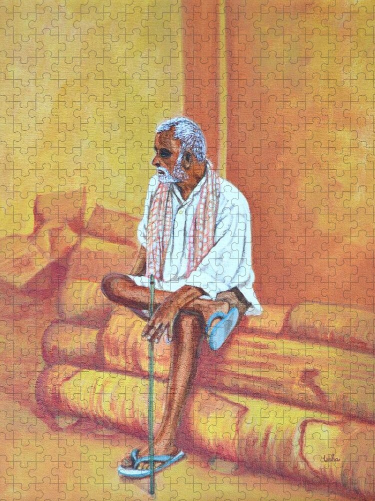 Usha Jigsaw Puzzle featuring the painting Reminiscing by Usha Shantharam