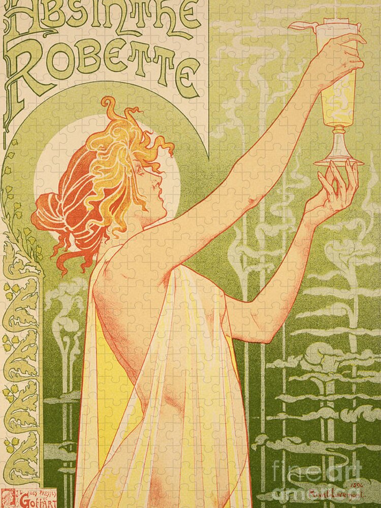 Advert; Advertisement; Alcohol; Liqueur; Alcoholic Drink; Beverage; Art Nouveau; Female; Holding Up A Glass Jigsaw Puzzle featuring the painting Reproduction of a poster advertising 'Robette Absinthe' by Livemont