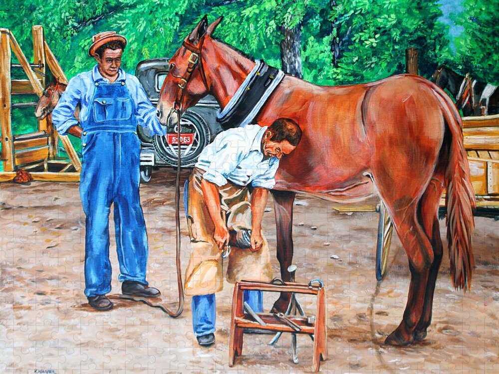 Farrier Jigsaw Puzzle featuring the painting Reshoeing the Farm Mule by Karl Wagner