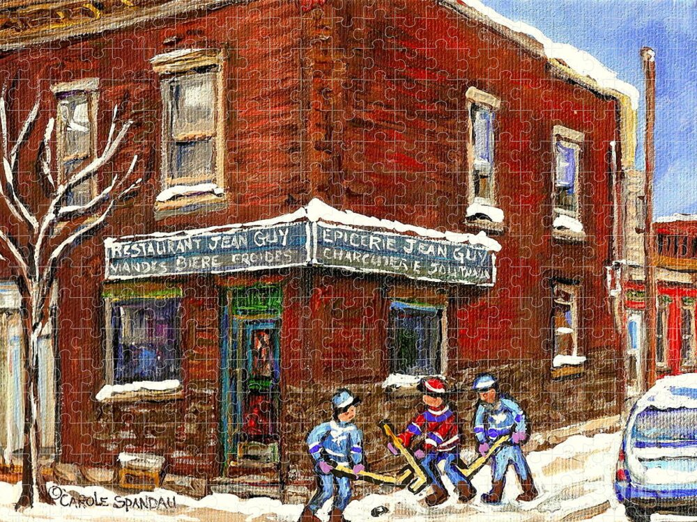 Montreal Jigsaw Puzzle featuring the painting Restaurant Epicerie Jean Guy Pointe St. Charles Montreal Art Verdun Winter Scenes Hockey Paintings  by Carole Spandau