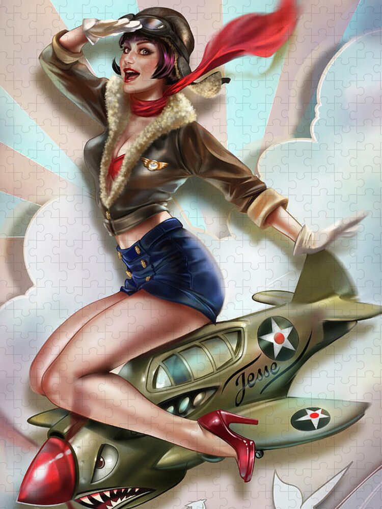 20-24 Years Jigsaw Puzzle featuring the photograph Retro Pin-up Girl Astride World War Two by Ikon Images